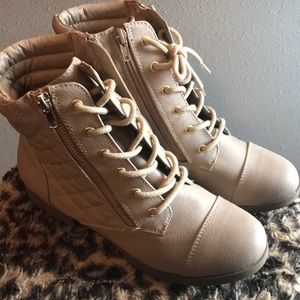 Cream Lace-up Combat Boots